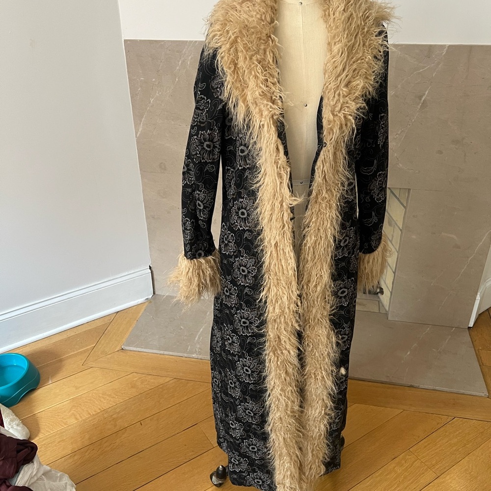 Black Floral Coat with Faux Fur Trim